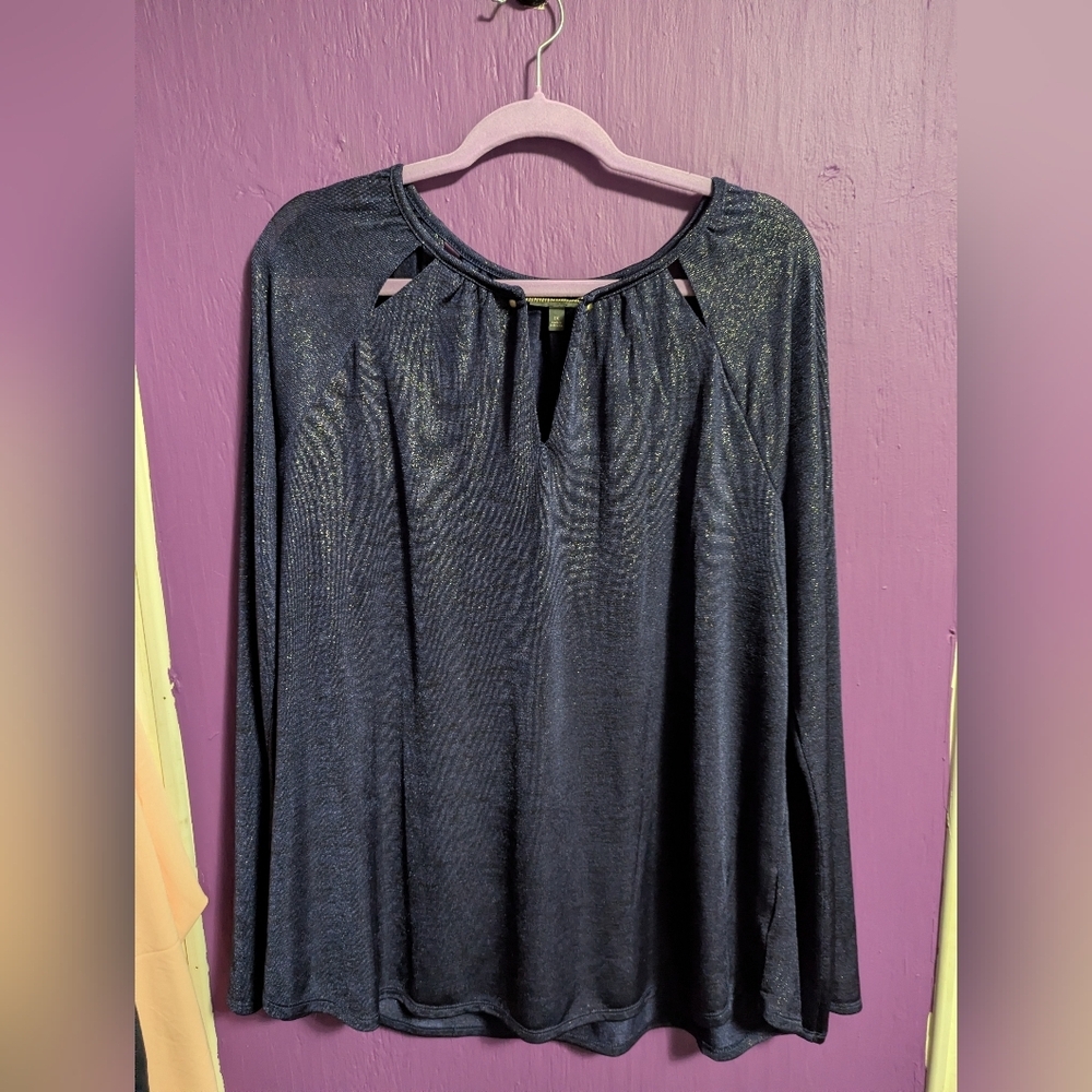 The Limited Navy Sparkle Slit Boat Neckline Long Sleeve Blouse 1X 16 18